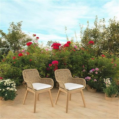 Fauteuil de jardin teck et assise tressée beige avec coussin blanc (lot de 2) SUMMER PIER IMPORT