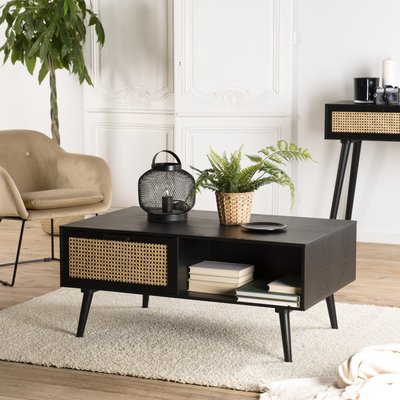 Table basse en bois noir 100x60cm avec tiroir en cannage rotin style contemporain PALMA PIER IMPORT