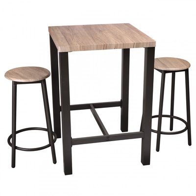 Table de Bar Carrée + 2 Tabourets de Bar en Bois et Métal Noir WADIGA
