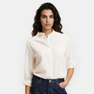 Chemise à col volanté manches longues en coton seersucker LA REDOUTE COLLECTIONS