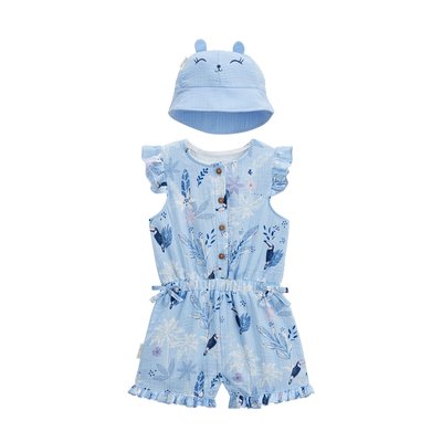 Combishort bébé + chapeau en gaze de coton bleue BELLA CHICA PETIT BEGUIN