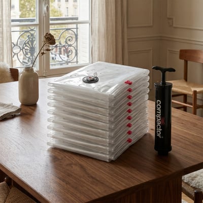 COMPACTOR - Lot 10 sacs sous vide taille L + pompe manuelle - 80 x 0 x H.100 cm - Transparent COMPACTOR
