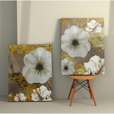 Tableau fleurs blanches – fond taupe et or (set de 2) PIER IMPORT