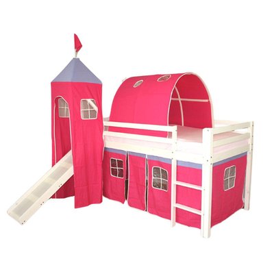 Lit Simple Blanc 90x200 en hauteur avec echelle Rideau et Tunnel Tour et Toboggan Fuchsia HOMESTYLE4U