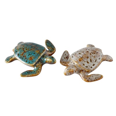 Set de 2 tortues décoratives à poser porcelaine bleu et beige 8x7.5x3cm WADIGA
