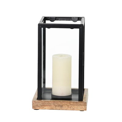Photophore métal socle en bois 20x11 cm KANDAVA BLACK SENSEI MAISON
