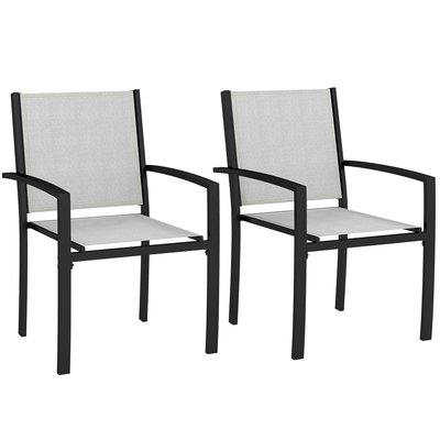 Lot de 2 chaises de jardin empilables avec accoudoirs acier noir textilène gris clair OUTSUNNY