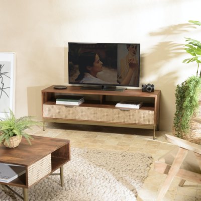 Meuble TV en bois pieds couleur laiton grande niche 2 tiroirs KANHA PIER IMPORT