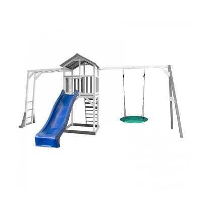 AXI Structure de jeu Beach Tower Gris Blanc cadre escalade balancoire Nid Summer et Toboggan Bleu AXI HOUSE