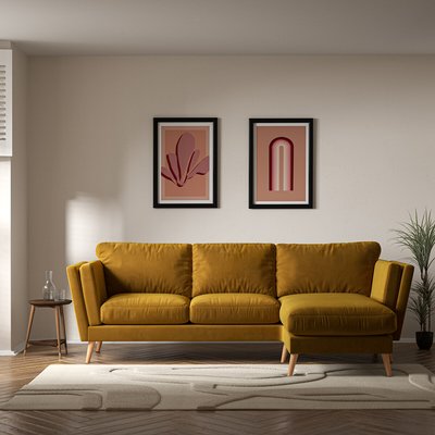 Frida Contemporary Velvet Corner Chaise Sofa - Right Facing with Light Wood Legs SO'HOME