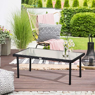 Table basse de jardin plateau verre trempé résine tressée OUTSUNNY