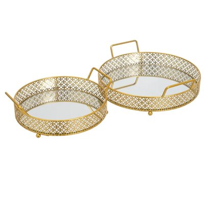Set de 2 plateaux ronds en métal doré et miroirs WADIGA