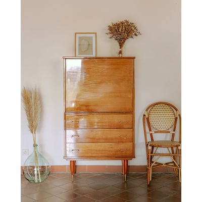 Secrétaire mid-century en bois vernis Honoré N°203 - Bon état DEBONGOUT