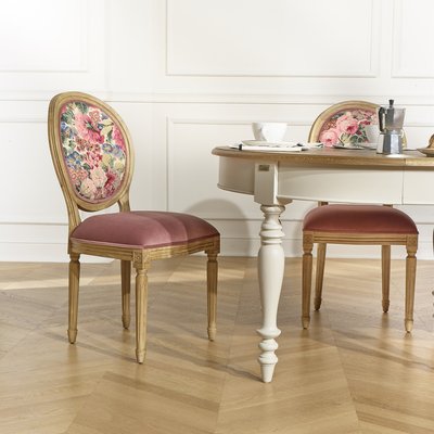 Lot de 2 chaises MEDAILLON en hévéa massif et tissu coton fleuri. MEDAILLON ROBIN DES BOIS