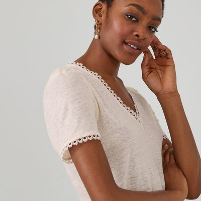 T-shirt col V en lin, détails dentelle LA REDOUTE COLLECTIONS