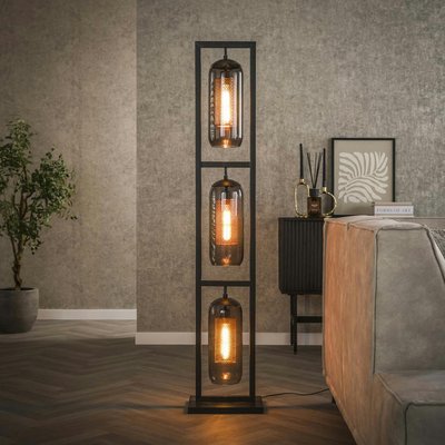 Lampadaire salon 3 lampes verre fumé et métal cuivré NOVA PIER IMPORT