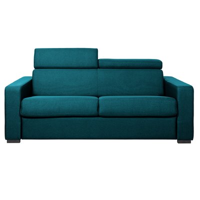 Canapé convertible avec têtières ajustables 3 places en tissu bleu canard avec matelas 12 cm NORO MILIBOO