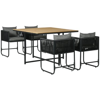 Salon de jardin 4 personnes encastrable coussins noir effet bois OUTSUNNY