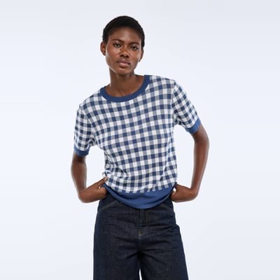 Pull manches courtes motif vichy MONOPRIX