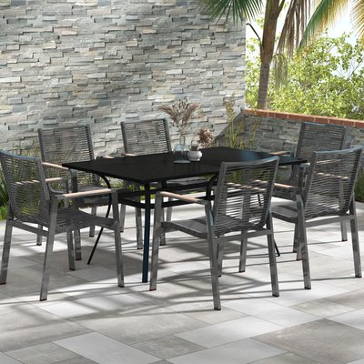 Table de jardin rectangulaire 6 pers. acier plateau aspect bois noir OUTSUNNY