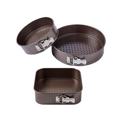 Lot de 3 moules à charnières en métal avec prise en main facile - 1 carré 23 x 23 cm et 2 ronds Ø14 cm et Ø20 cm PYREX