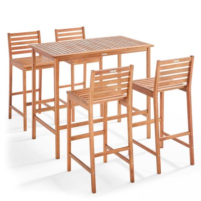 Salon de jardin table de bar et 4 chaises en bois d'eucalyptus, ANGLET OVIALA