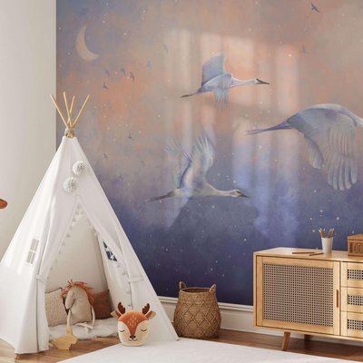 Papier peint panoramique avec ciels etoilés et oiseaux bleus - 425x260 cm (l x h) LA TOUCHE ORIGINALE