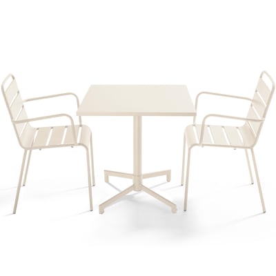 Table de jardin bistrot carrée inclinable en métal 70x70 cm et 2 chaises avec accoudoirs, PALAVAS OVIALA