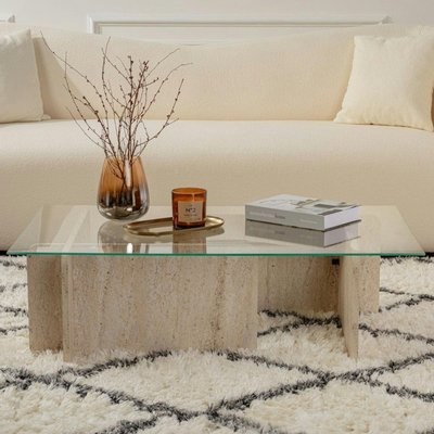 Table basse verre déstructurée – base effet travertin SALTA PIER IMPORT