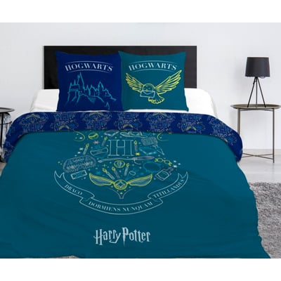 Parure de Lit Enfant Imprimée Réversible Lit 2 Places, POUDLARD BLEU HARRY POTTER