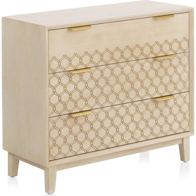 Commode trois tiroirs chêne marfil motif géométrique doré RECOLLECTION