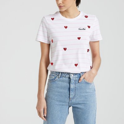 Heart Print Cotton T-Shirt with Short Sleeves ONLY PETITE
