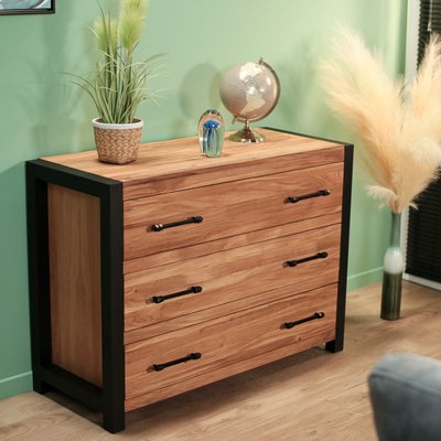 Commode 3 tiroirs chêne huilé et métal FERSCOTT PIER IMPORT
