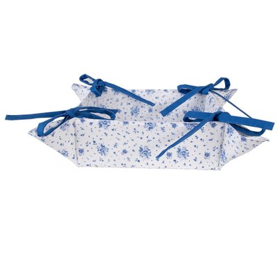 Corbeille à pain carrée 100% coton blanc motif fleuri bleu 35x35x8cm WADIGA