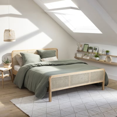 Lit en pin massif cannage avec 2 planches de chevet cannage - ANNA TERRE DE NUIT