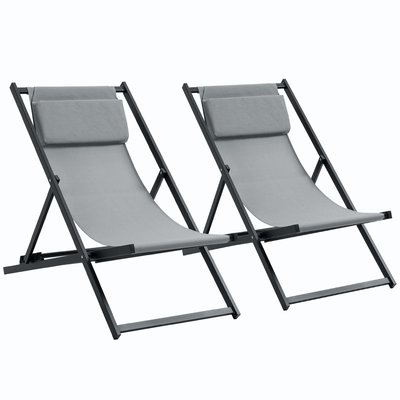 Lot de chiliennes inclinables avec tétière alu noir textilène gris OUTSUNNY