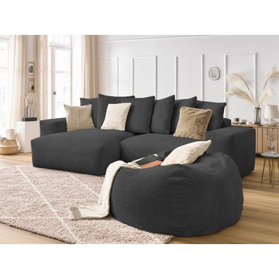 Canapé d'angle fixe 5 places en velours côtelé avec pouf, VOLTAIRE BOBOCHIC