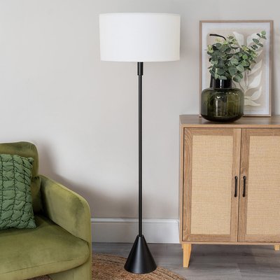 Black Wood Single Stem Triangle Floor Lamp with Linen Drum Shade SO'HOME