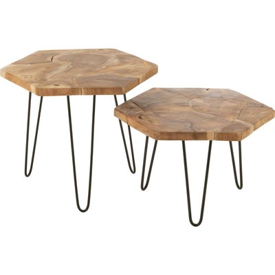 Table gigogne hexagone bois de teck et métal naturel design RECOLLECTION