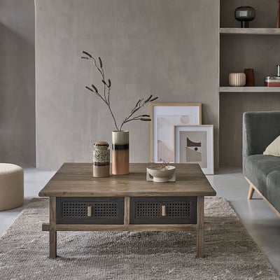 Table basse en bois recyclé massif 100 cm 2 tiroirs  JUNKO BERAH GETAH