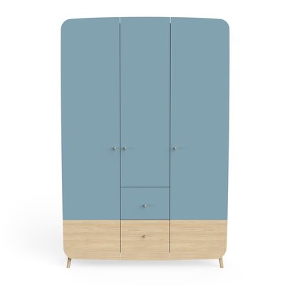 Armoire 3 portes et 4 tiroirs bleu orage et décor bois naturel - FIRMIANA CALICOSY