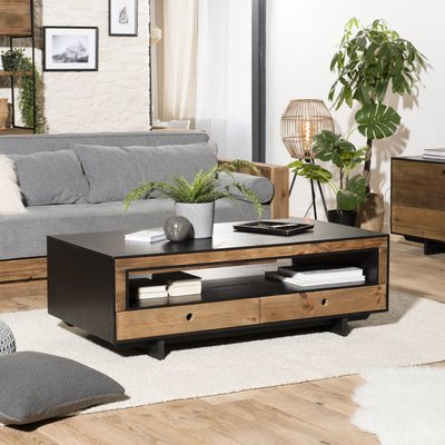 Table basse rectangulaire en bois noir avec tiroirs style vintage 135x70cm CRACOVIE PIER IMPORT