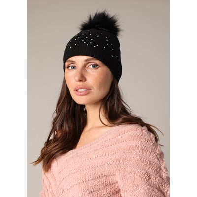 Bonnet côtelé orné de strass avec pompon imitation fourrure
 PAMIA DEELUXE