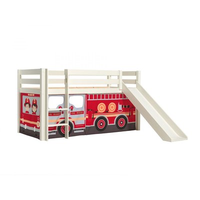 PINO Lit mezzanine avec toboggan + Rideau pour lit en 4 parties Pompiers VIPACK