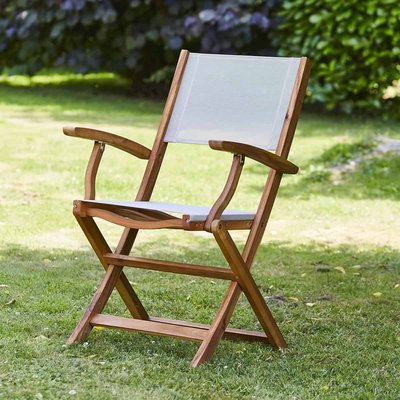 Fauteuil de jardin en acacia massif et textilène gris pliant HANOÏ BERAH GETAH