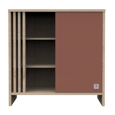 Commode 1 porte colorée et 3 niches avec claustra en bois décor chêne Suave SAUTHON