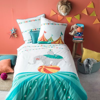 Parure de lit enfant en coton, CIRQUE DE COULEURS BLANC CERISE