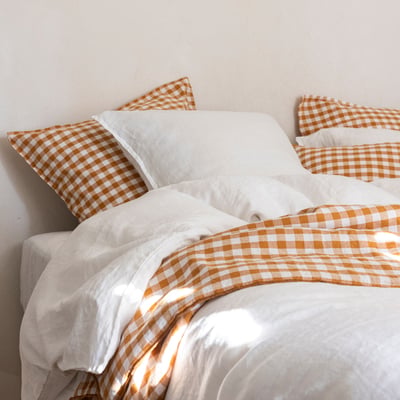 Taie d'oreiller en coton et lin, PASSION VICHY BLANC CERISE