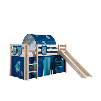 PINO Lit Compact avec Toboggan Pin Massif  + Rideau, tunnel et 3 pochettes de lit Astro VIPACK
