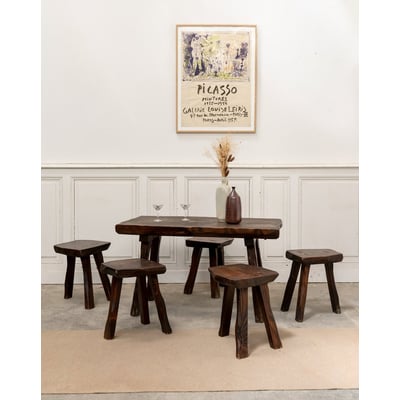 Table brutaliste et ses cinq tabourets Ange N°25 - Bon état DEBONGOUT